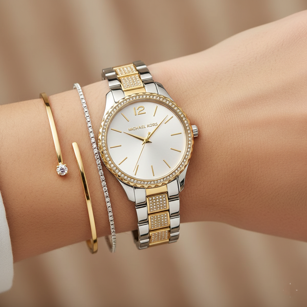 Michael Kors MK6899 Women’s Silver Dial Two-Tone Stainless Steel Crystal Bezel Watch - Luxury Hub Store