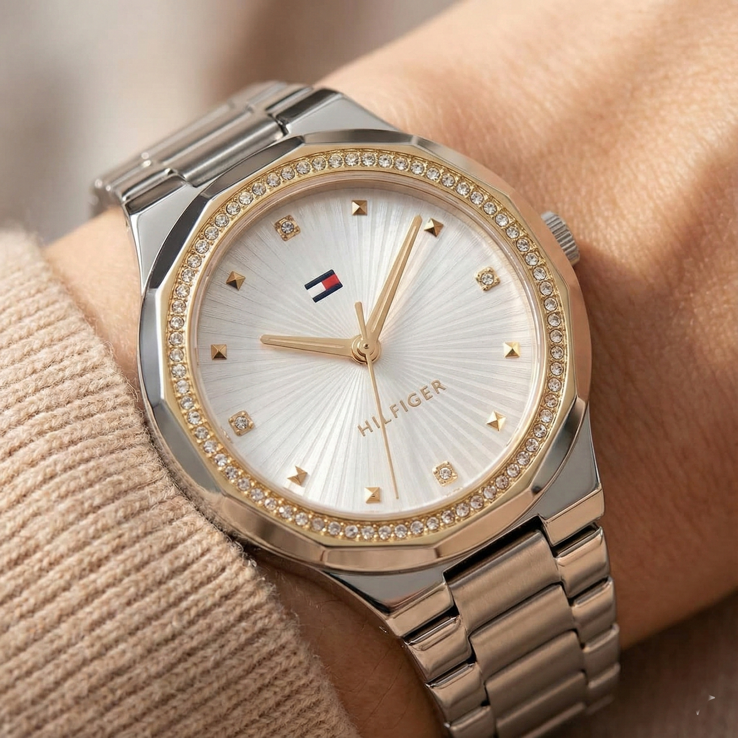 Tommy Hilfiger Ladies Crystal-Accent Watch – Model 1782723 – Silver & Gold Bracelet