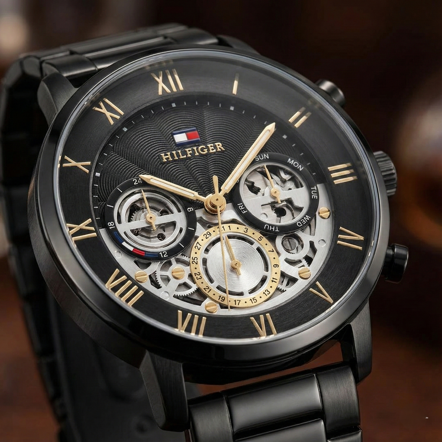 Tommy Hilfiger 1710706 Men’s Multi-Function Watch – Black & Gold Dial with Black Stainless-Steel Bracelet