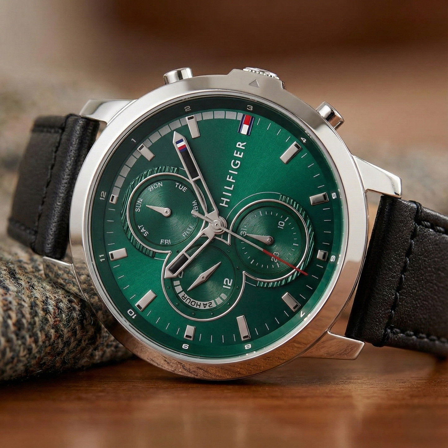 Tommy Hilfiger 1792151 Men’s Multi-Function Watch – Green Dial & Black Leather Strap