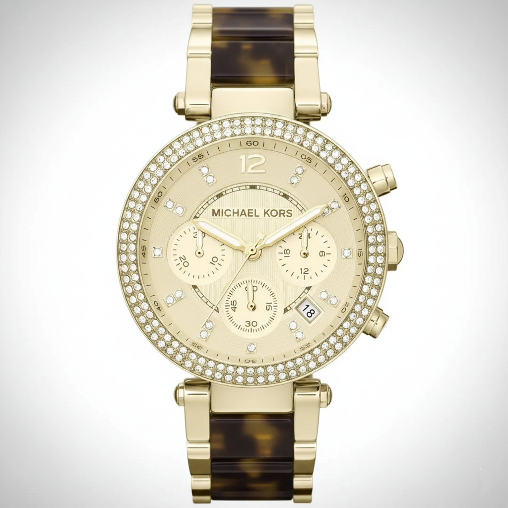 Michael Kors MK5688 Parker Women’s Gold Chronograph Tortoiseshell Crystal Watch - Luxury Hub Store