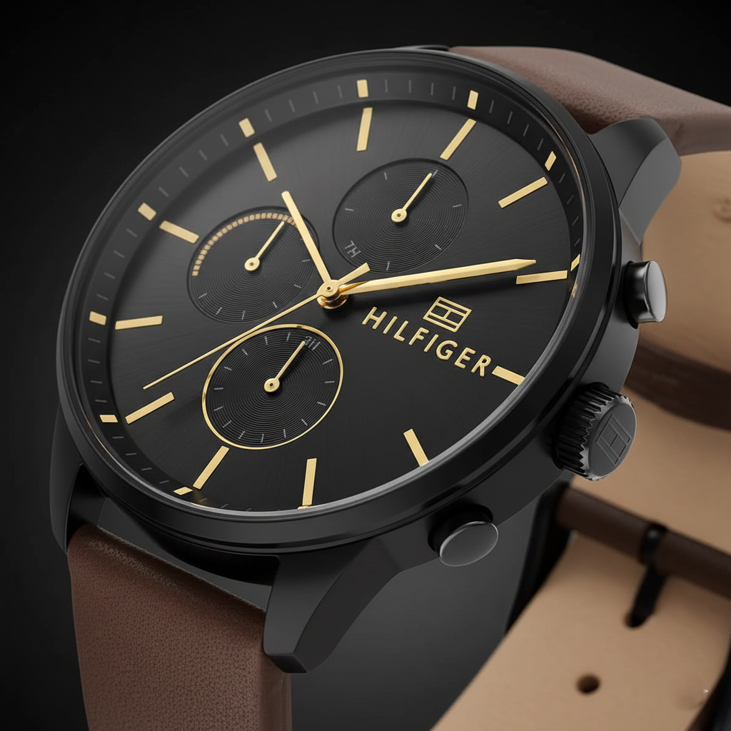 Tommy Hilfiger Chase 1791977 Men’s Black Dial Brown Leather Multi-Function Watch - Luxury Hub Store