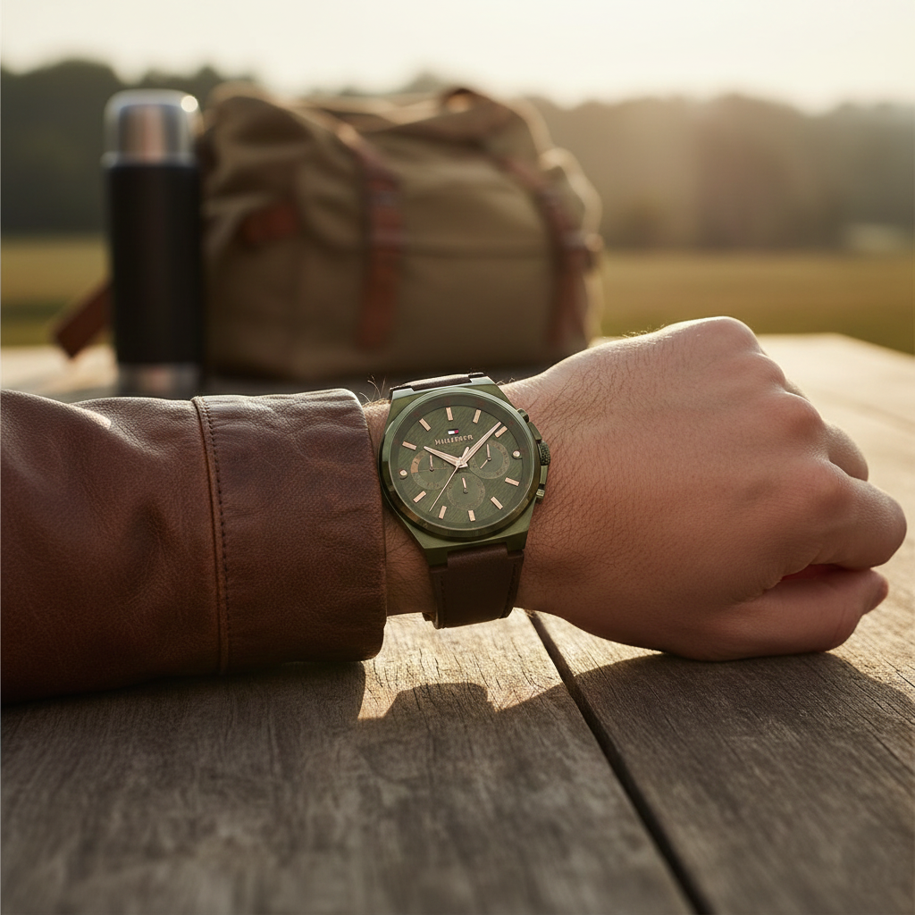 Tommy Hilfiger Men's Watch 1792085 – Olive Green Dial & Brown Leather Strap