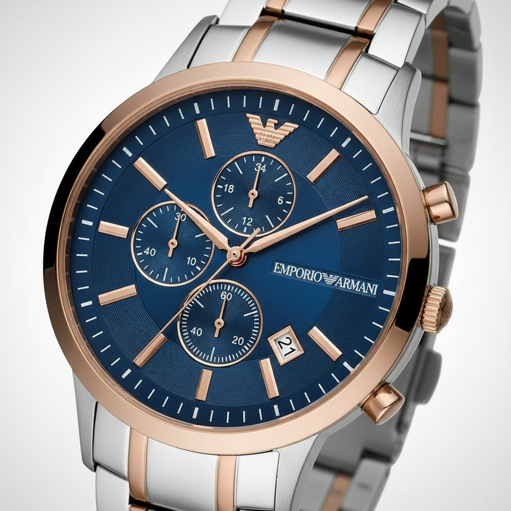 Emporio Armani AR80025 Men’s Blue Dial Two-Tone Stainless Steel Renato Chronograph Watch - Luxury Hub Store