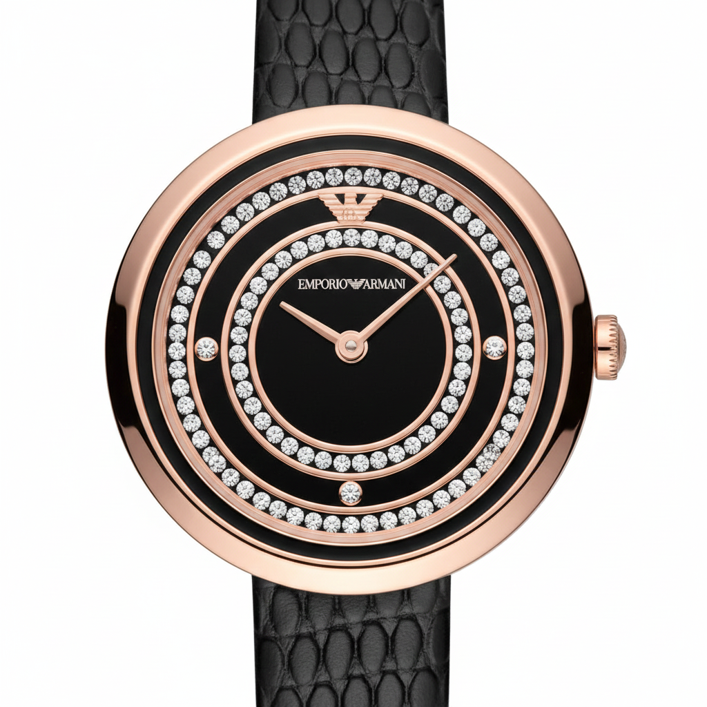 Emporio Armani AR11493 Women’s Black Dial Rose Gold Leather Rosa Watch - Luxury Hub Store