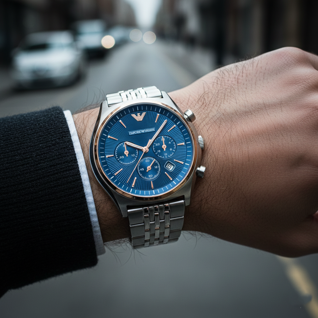 Emporio Armani AR1974 Men’s Blue Dial Stainless Steel Zeta Chronograph Watch - Luxury Hub Store