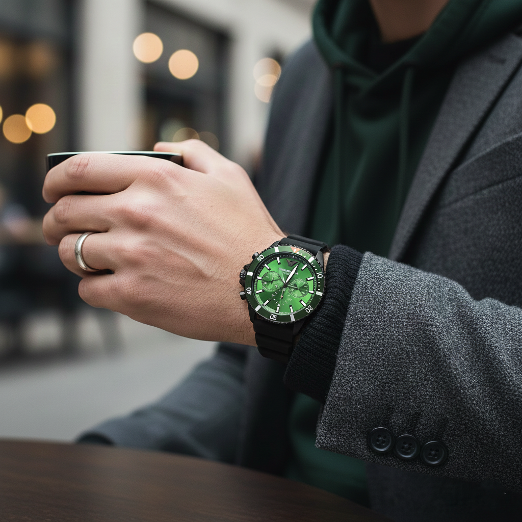 Emporio Armani AR11463 Men’s Green Dial Silicone Strap Diver Chronograph Watch - Luxury Hub Store