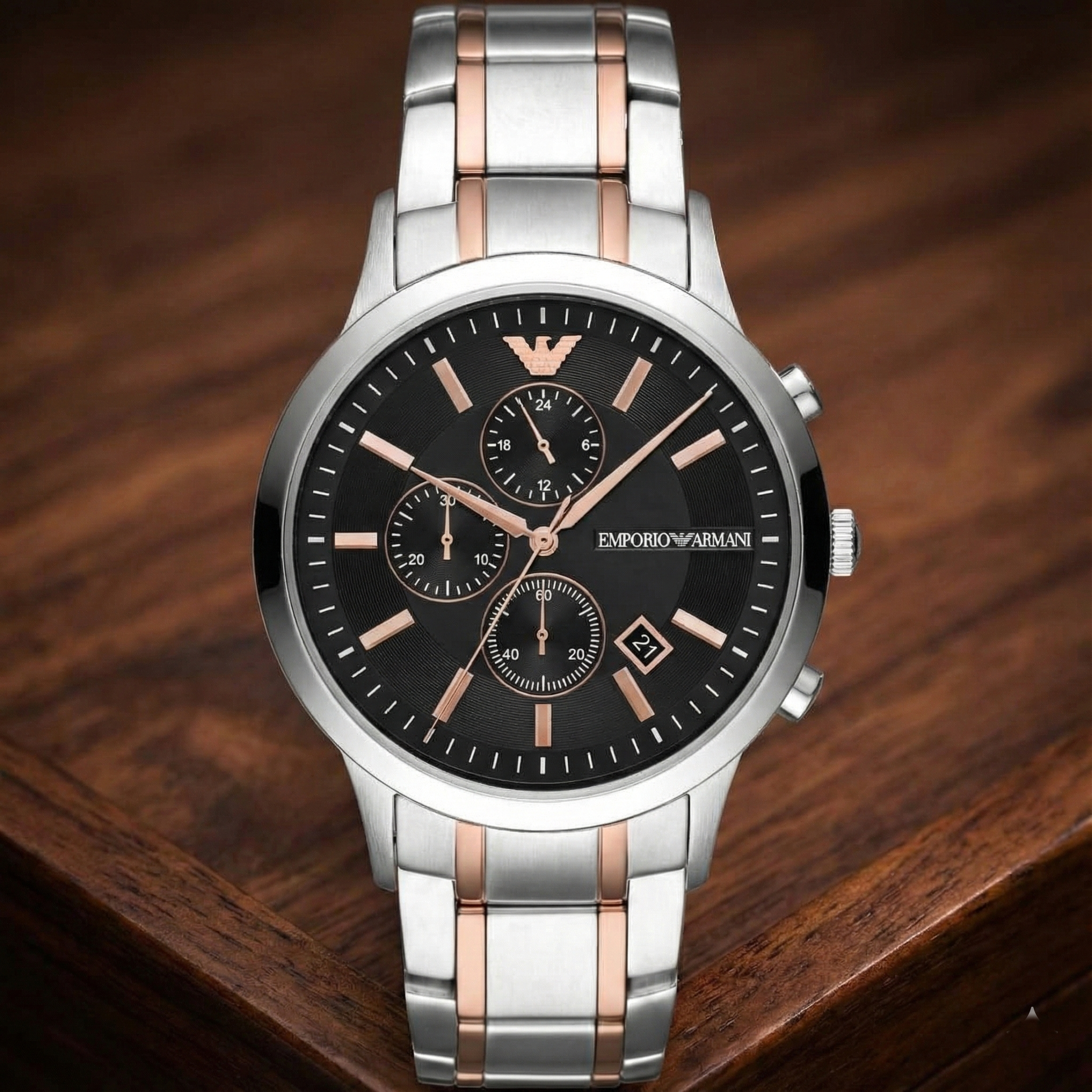 Emporio Armani AR11165 Renato Men's Watch Black Dial Two-Tone Silver Rose Gold