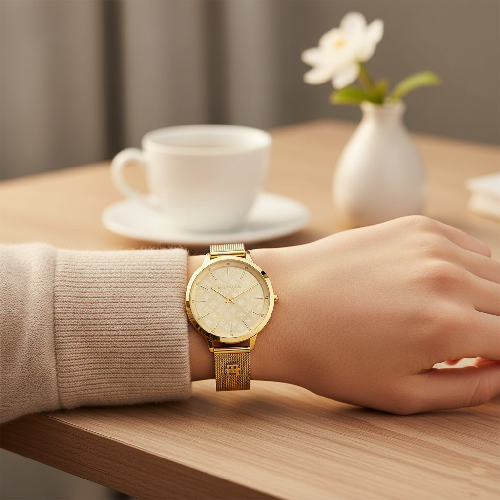 Tommy Hilfiger Women’s Gold Monogram Mesh Watch – Model 1782588 - Luxury Hub Store