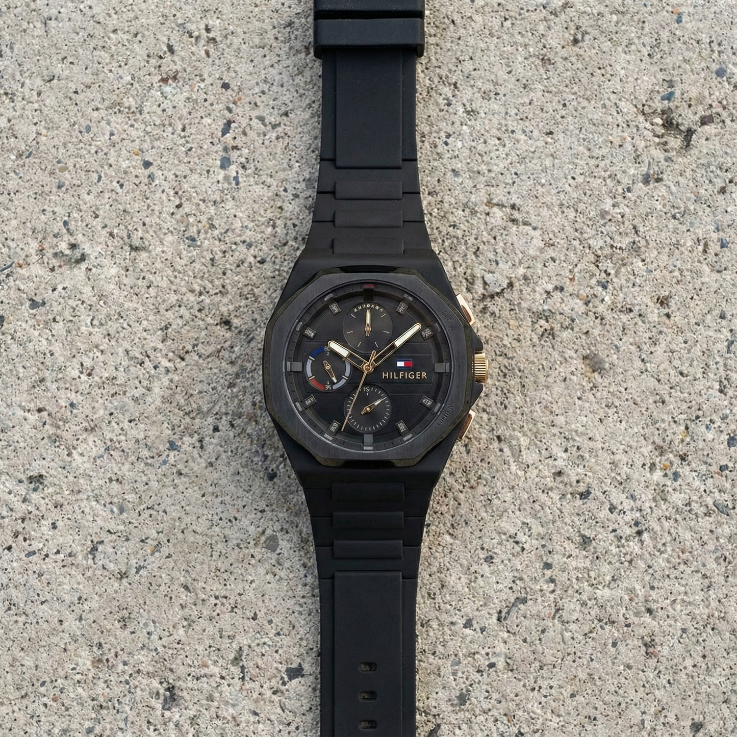 Tommy Hilfiger 1792120 Men’s Multi-Function Watch – Black Dial & Black Silicone Strap (Gold Accents – NEO Edition)