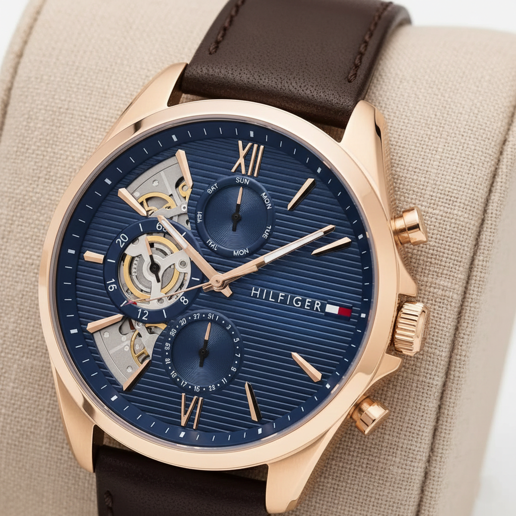 Tommy Hilfiger Men’s Baker Watch – Model 1710645 – Blue Dial & Brown Leather Strap - Luxury Hub Store