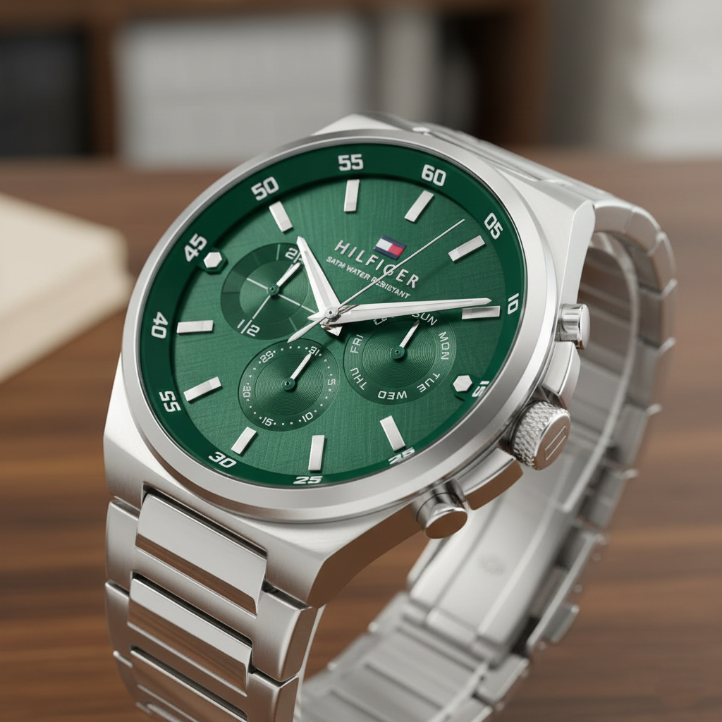 Tommy Hilfiger Men’s Watch – Green Dial – Silver Stainless-Steel Bracelet (1792088)