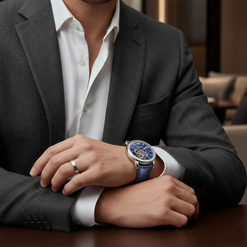 ساعة إمبوريو أرماني لويجي AR60011 ميكانيكو أوتوماتيكية مفتوحة القلب من الجلد الأزرق