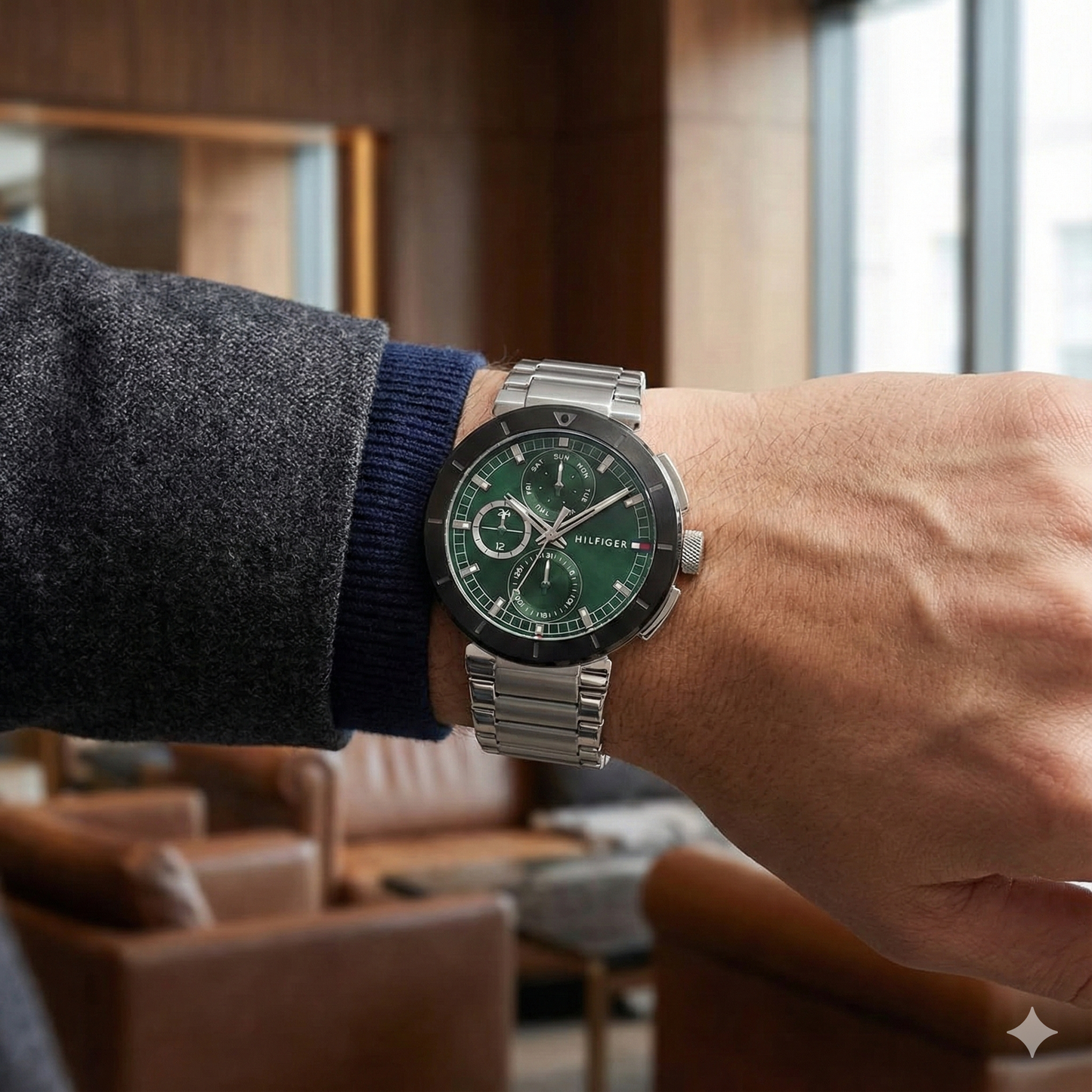 Tommy Hilfiger 1710509 Men’s Multi-Function Watch – Green Dial & Silver Stainless-Steel Bracelet