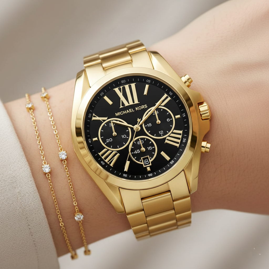 Michael Kors MK5739 Bradshaw Women’s Black Dial Gold Stainless Steel Chronograph Watch - Luxury Hub Store