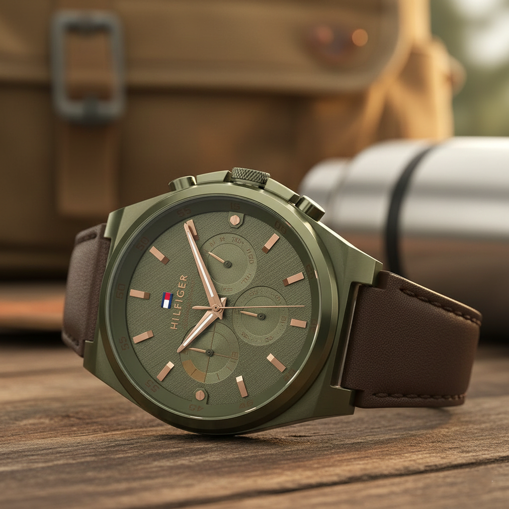 Tommy Hilfiger Men's Watch 1792085 – Olive Green Dial & Brown Leather Strap