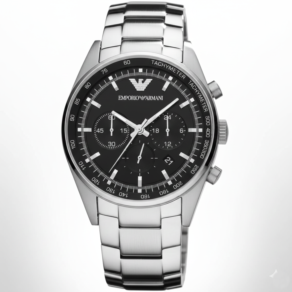 Emporio Armani AR5980 Men’s Black Dial Stainless Steel Tazio Large Chronograph Watch - Luxury Hub Store