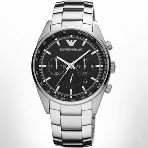 Emporio Armani AR5980 Men’s Black Dial Stainless Steel Tazio Large Chronograph Watch - Luxury Hub Store