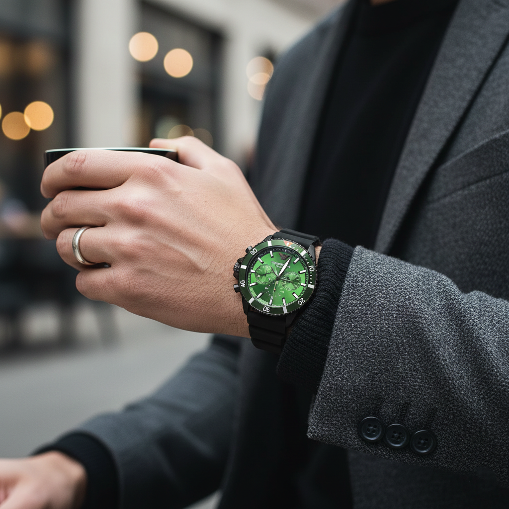 Emporio Armani AR11463 Men’s Green Dial Silicone Strap Diver Chronograph Watch - Luxury Hub Store