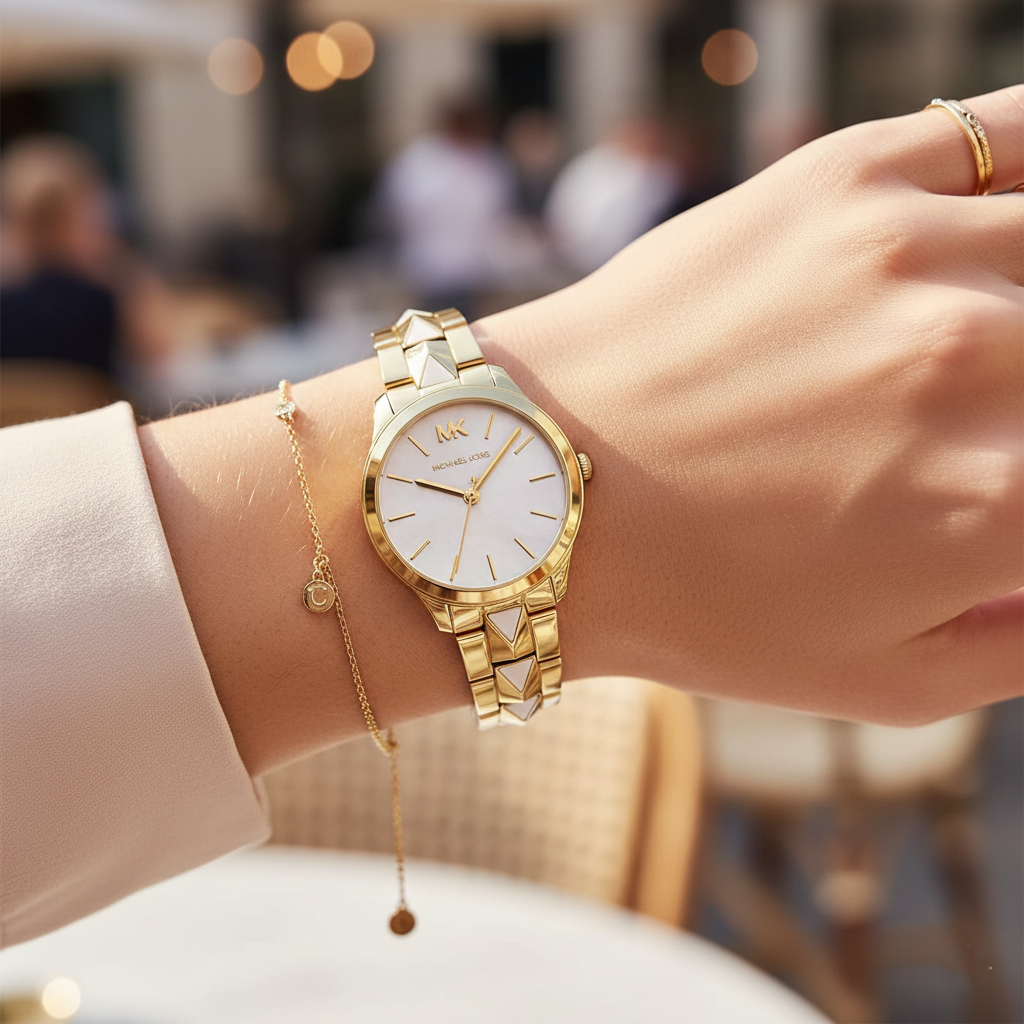 Michael Kors Runway MK6689 Women’s Gold Mother-of-Pearl Dial Pyramid-Link Bracelet Watch - Luxury Hub Store