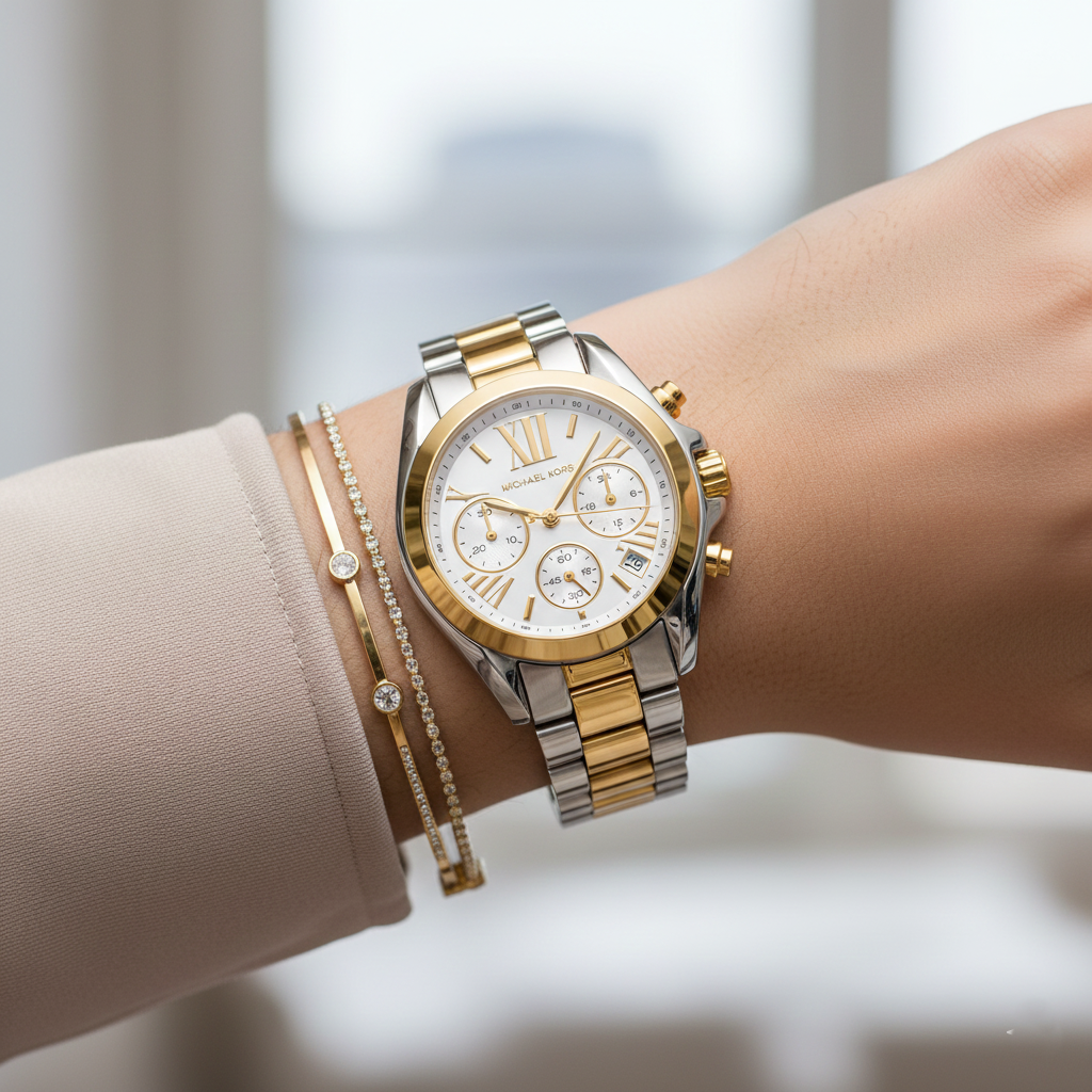 Michael Kors MK5974 Bradshaw Women’s White Dial Two-Tone Stainless Steel Chronograph Watch - Luxury Hub Store