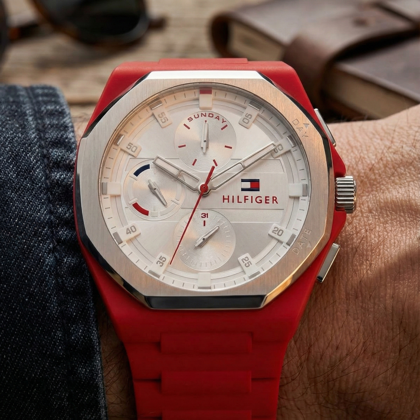 Tommy Hilfiger 1792123 Men’s Multi-Function Watch – Silver Dial & Red Silicone Strap (NEO Edition)