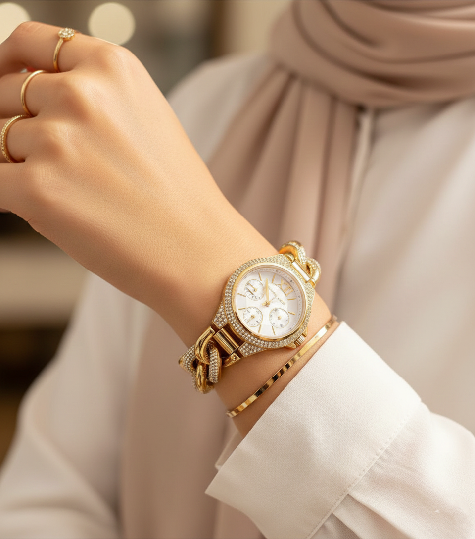 Michael Kors MK6842 Women’s Gold Mini Camille Crystal Chain-Link Watch - Luxury Hub Store
