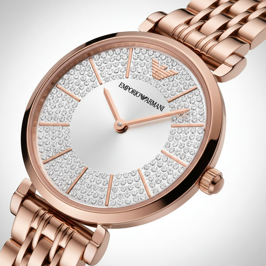 Emporio Armani AR11446 Women’s Silver Crystal Dial Rose Gold Gianni T-Bar Watch - Luxury Hub Store