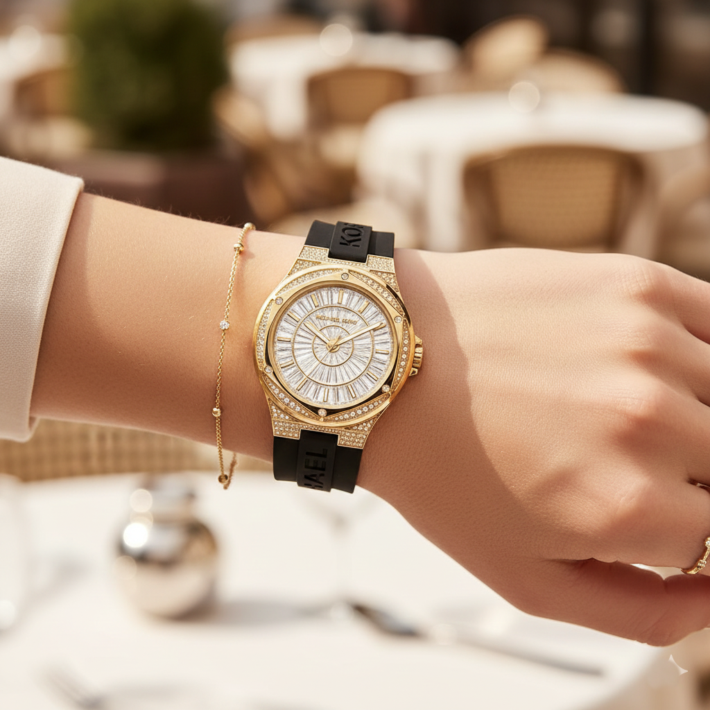 Michael Kors Camille MK7247 Women’s Gold Crystal Silicone Multi-Function Watch - Luxury Hub Store