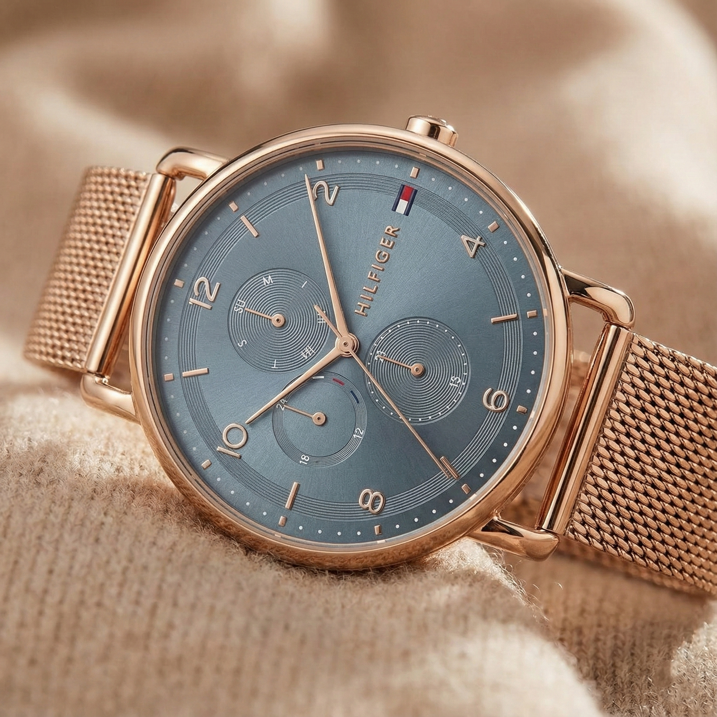 Tommy Hilfiger 1782664 Men’s Multi-Function Watch – Rose Gold Mesh Bracelet & Blue-Grey Dial