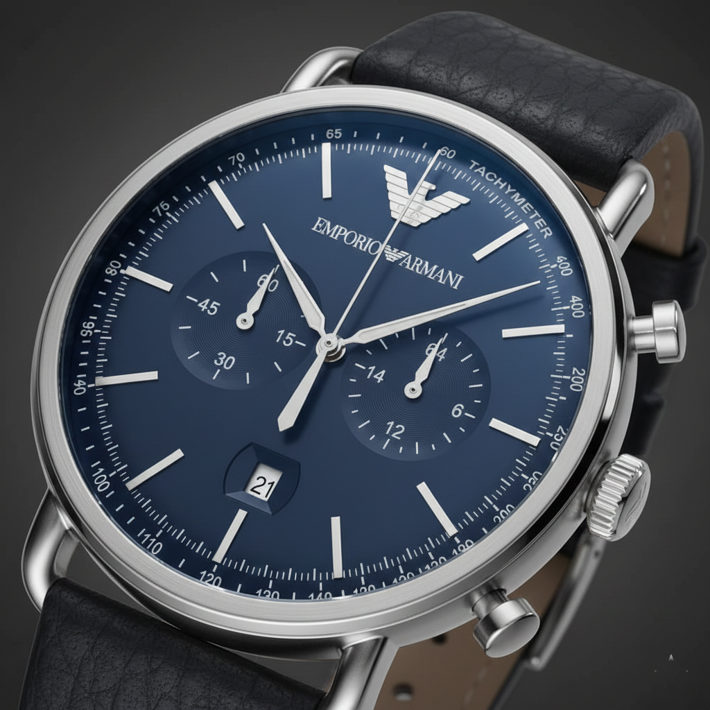 Emporio Armani AR11105 Men’s Blue Dial Black Leather Aviator Chronograph Watch - Luxury Hub Store