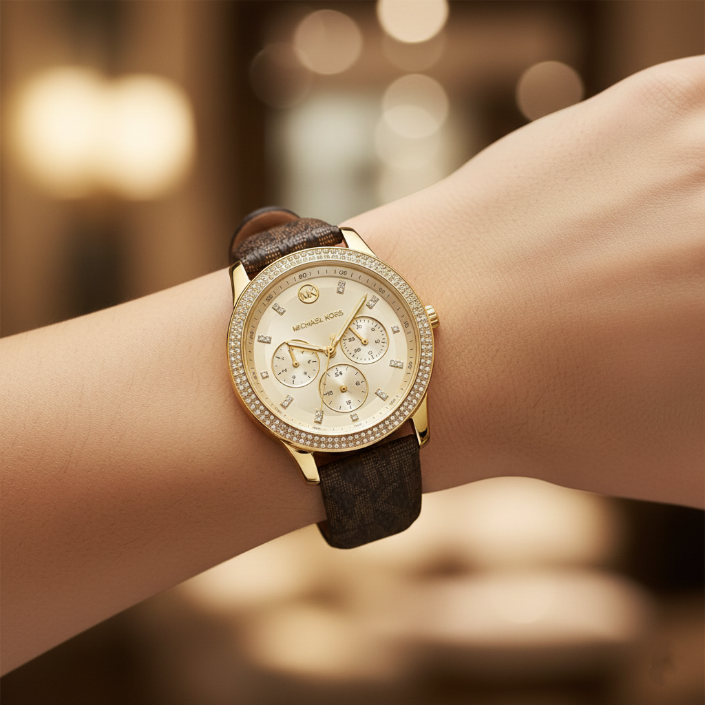 Michael Kors Tibby MK6966 Women’s Gold Dial Brown Leather Multi-Function Watch - Luxury Hub Store