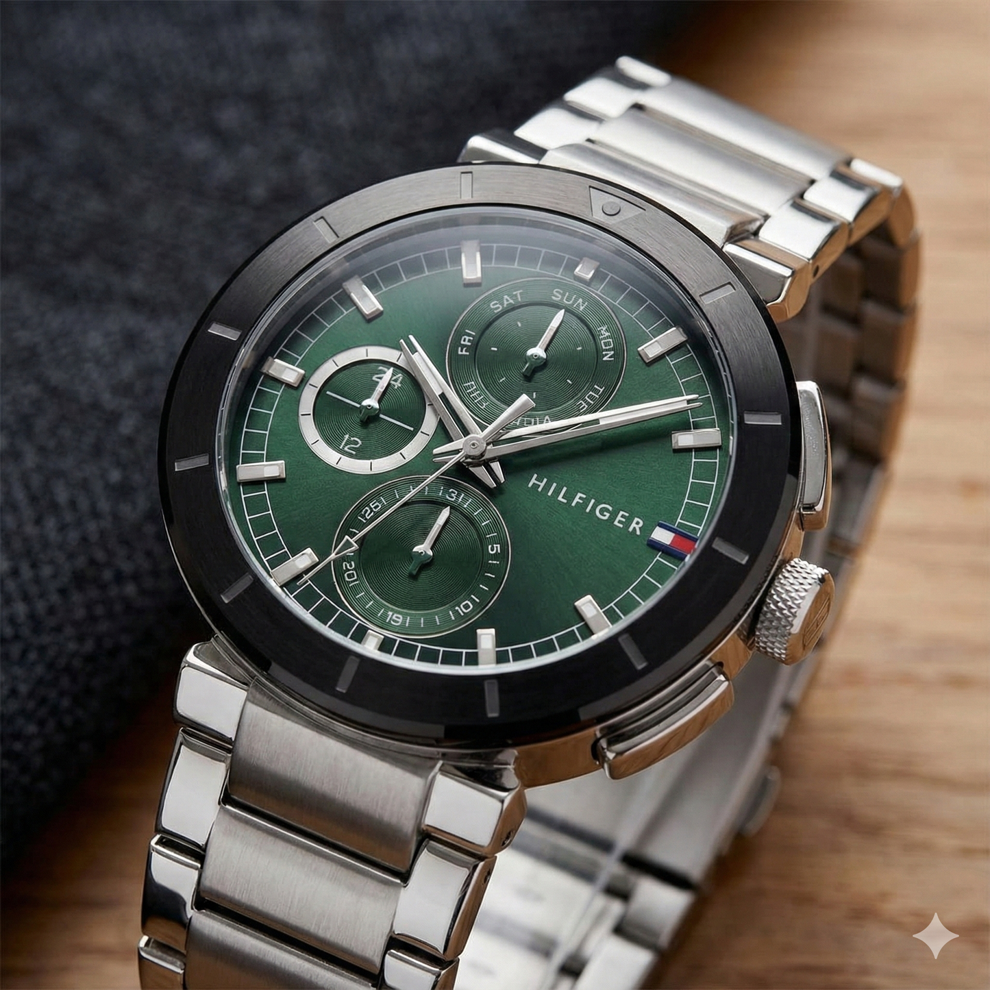 Tommy Hilfiger 1710509 Men’s Multi-Function Watch – Green Dial & Silver Stainless-Steel Bracelet