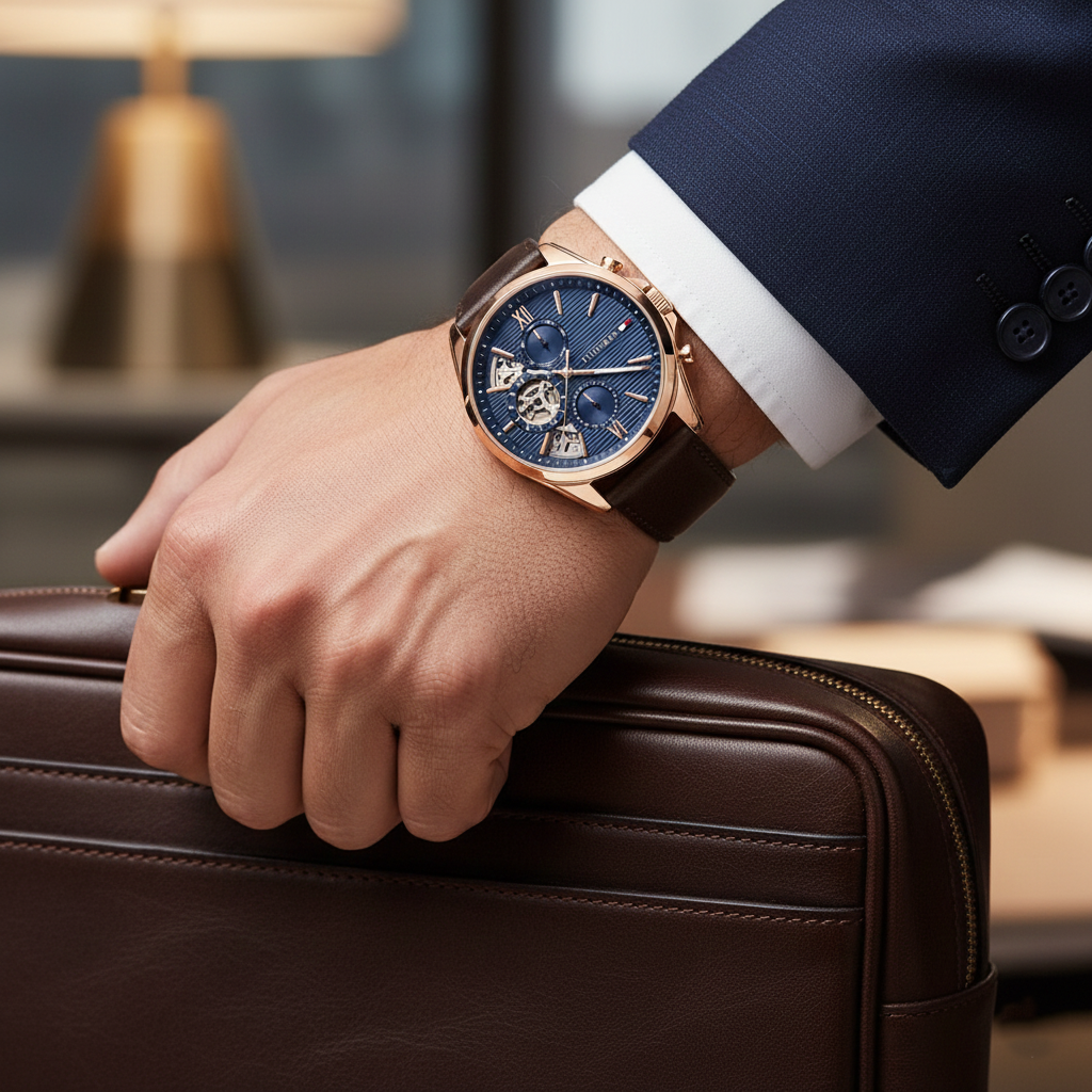 Tommy Hilfiger Men’s Baker Watch – Model 1710645 – Blue Dial & Brown Leather Strap