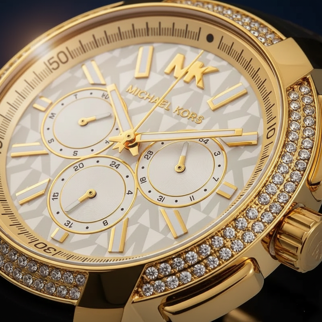 Michael Kors Sidney MK6948 Women’s Gold Dial Brown Logo Strap Multi-Function Watch