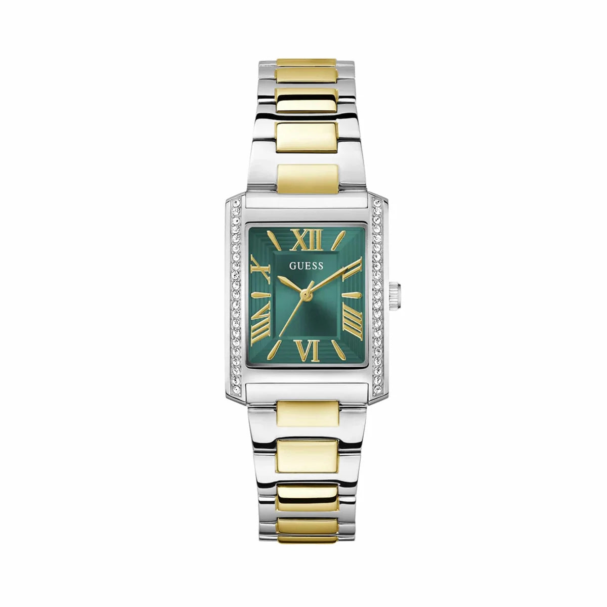 GW0874L2  Two-tone silver and gold watch with green face on a white background
