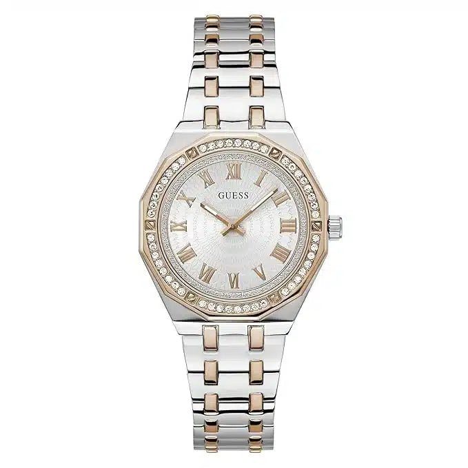A Guess women's two-tone stainless steel and rose gold watch with a white dial, Roman numeral hour markers, and a bezel accented with small clear crystals, shown on a plain white background.