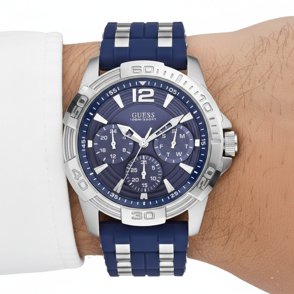 Close up shot of Guess W0366G2 on wrist highlighting the blue dial and silver hands