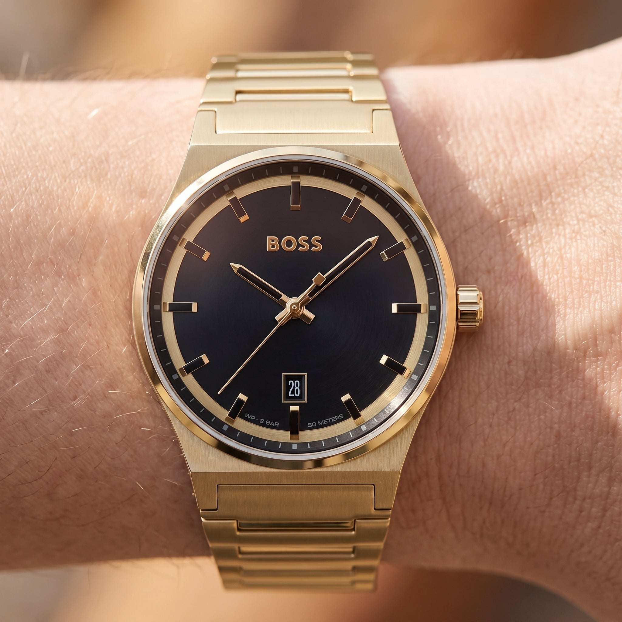 Live wrist shot of Hugo Boss Candor 1514077 men's watch.
