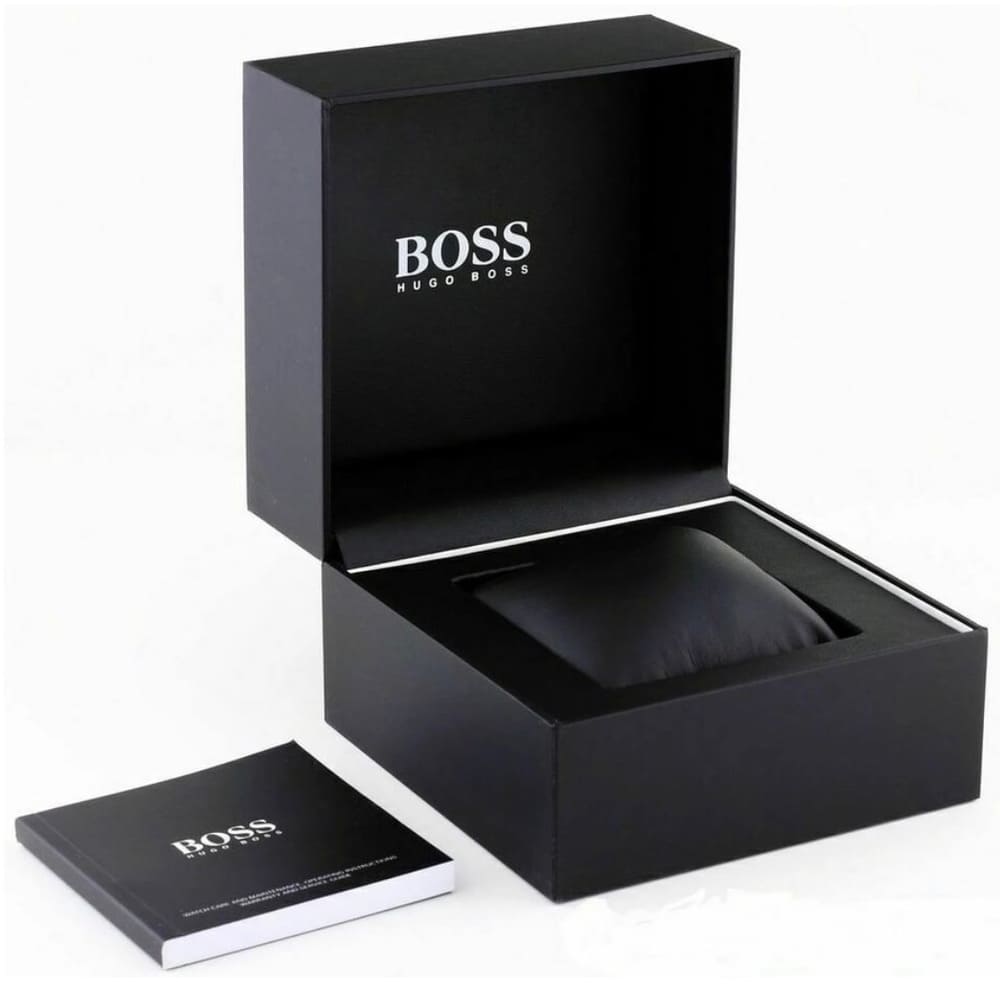 Black Hugo Boss box with a black item inside on a white background