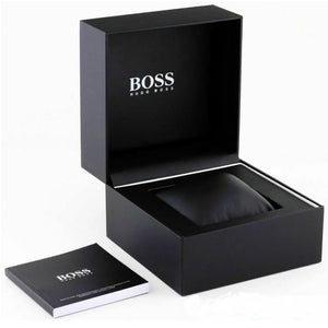 Black Hugo Boss box with a black item inside on a white background