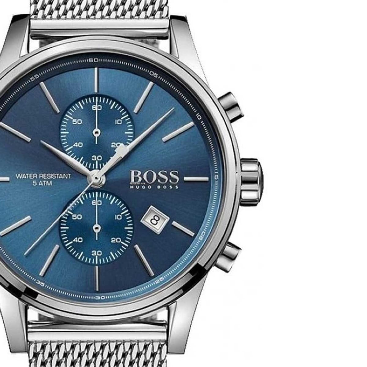 Hugo Boss watch with blue face and silver mesh band on a white background