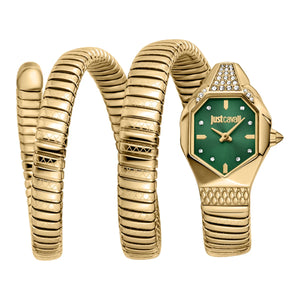 Gold watch with green face and ribbed band on a white background