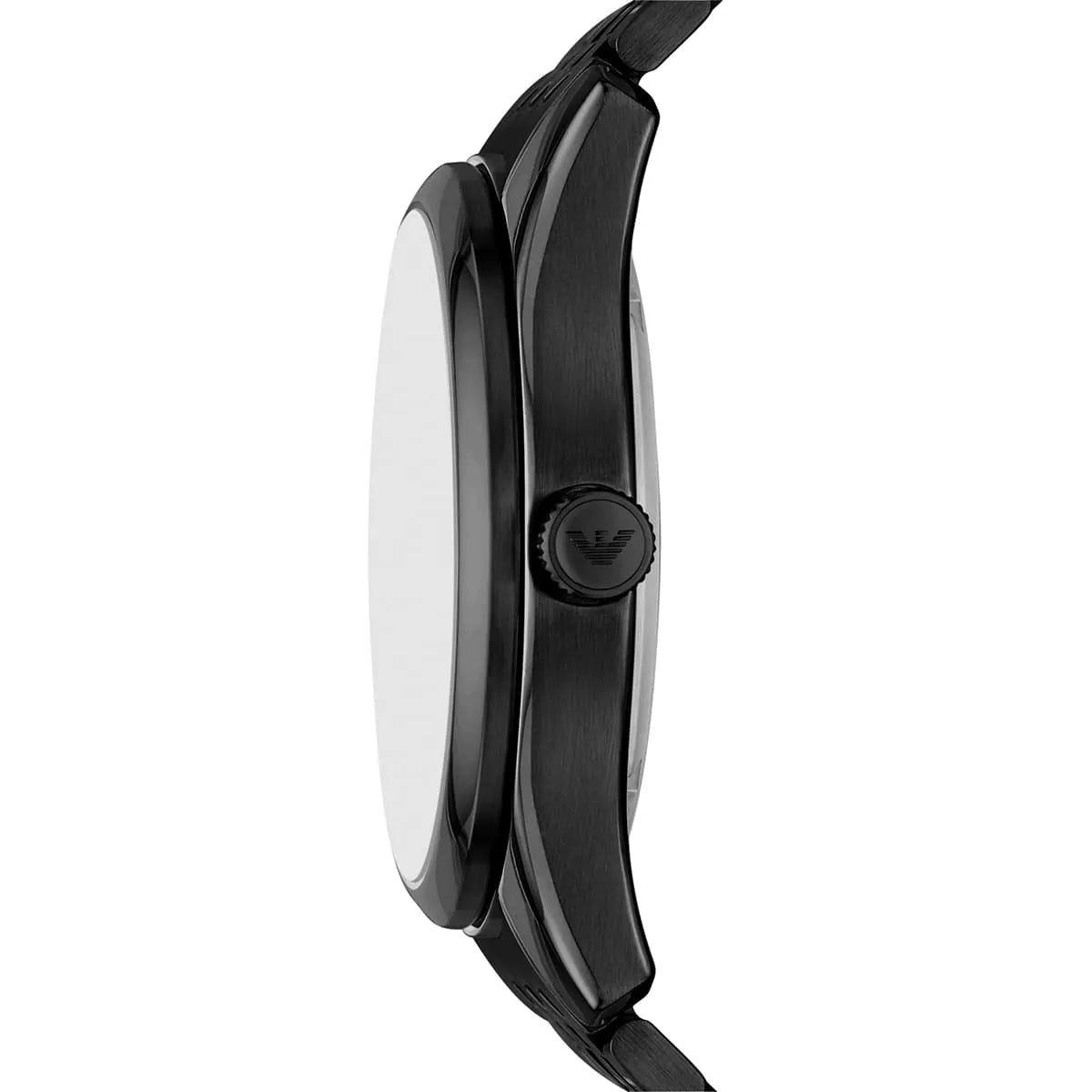 Side profile of Emporio Armani Antonio AR60093 men's automatic watch showing 13mm thickness and black finish