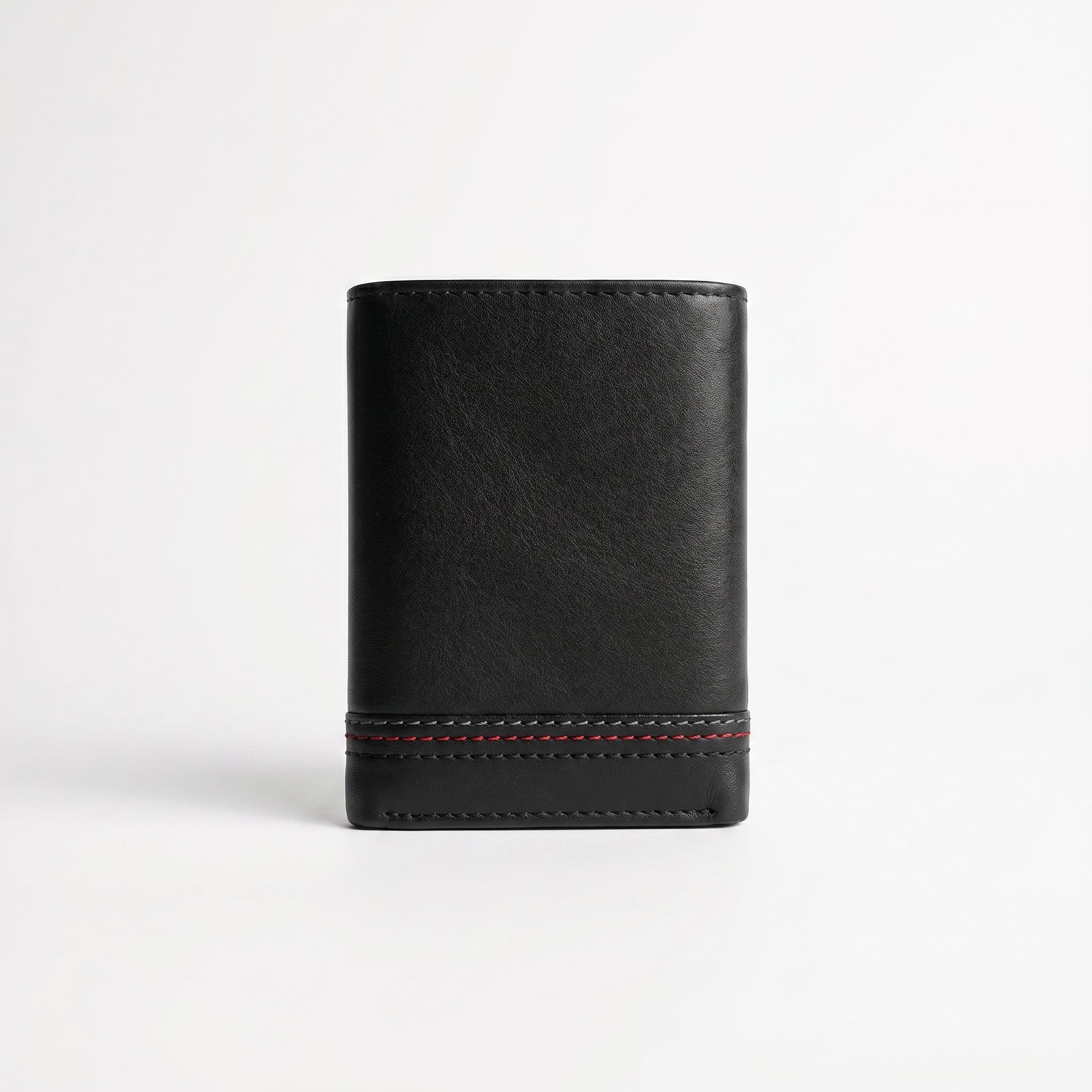 Black leather wallet with red stitching on a white background