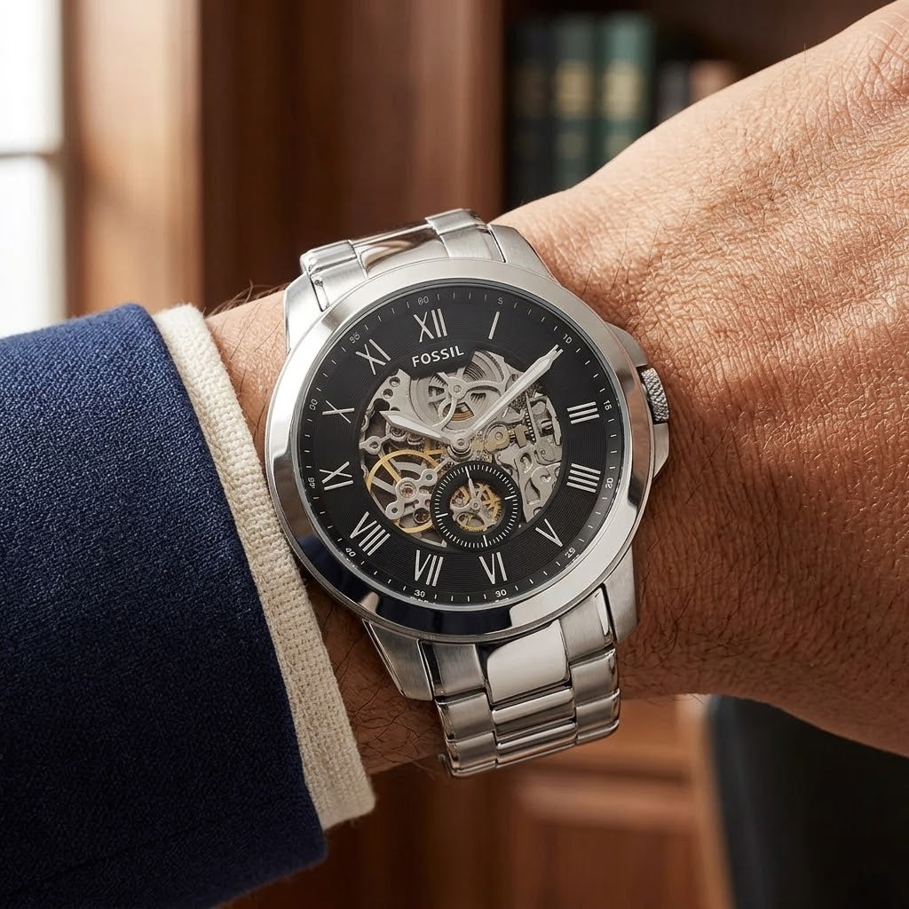 Front view of Fossil Grant ME3055 men's automatic skeleton watch with silver stainless steel bracelet
