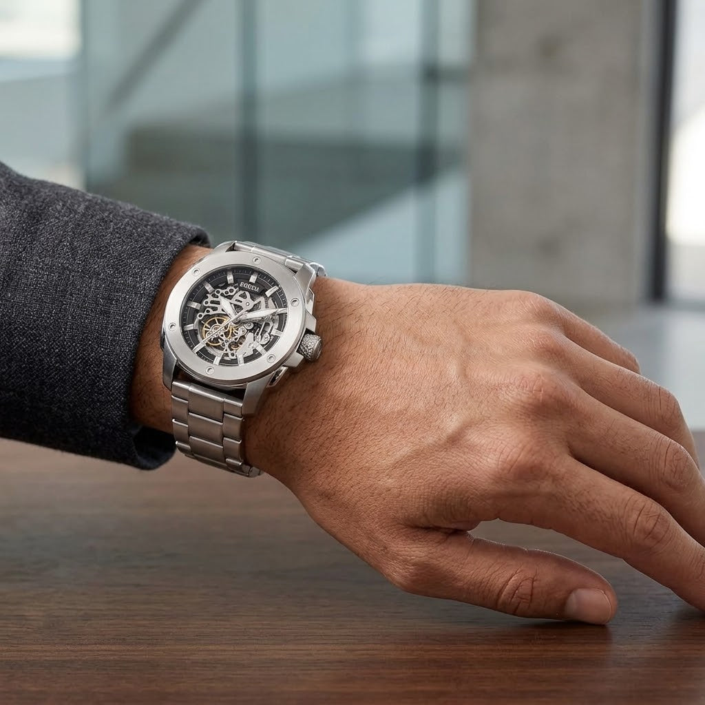 Front view of Fossil Machine ME3081 men's automatic skeleton watch with silver-tone stainless steel bracelet