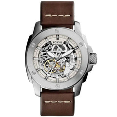 Fossil Machine ME3083 men's automatic watch with silver-tone stainless steel case, skeleton dial and brown leather strap