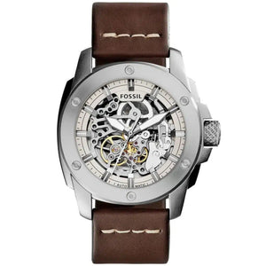 Fossil Machine ME3083 men's automatic watch with silver-tone stainless steel case, skeleton dial and brown leather strap