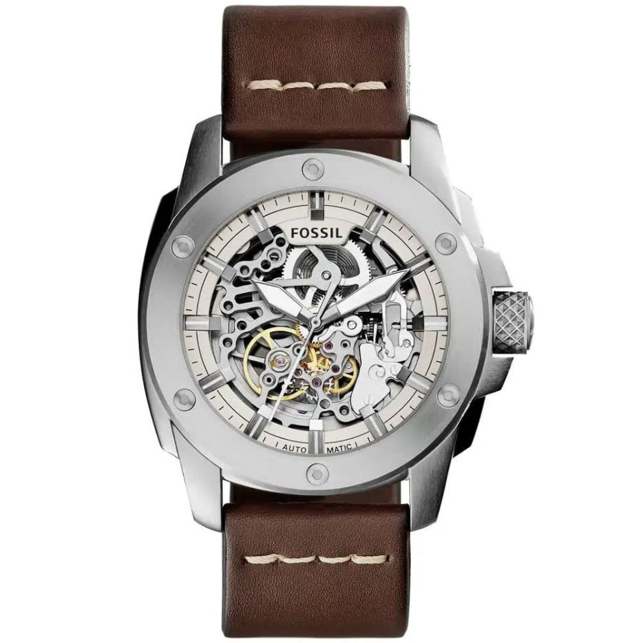 Fossil Machine ME3083 men's automatic watch with silver-tone stainless steel case, skeleton dial and brown leather strap